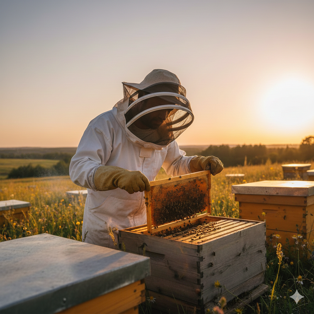 Bella Bees beekeeper illustration with honey bees and hive work.