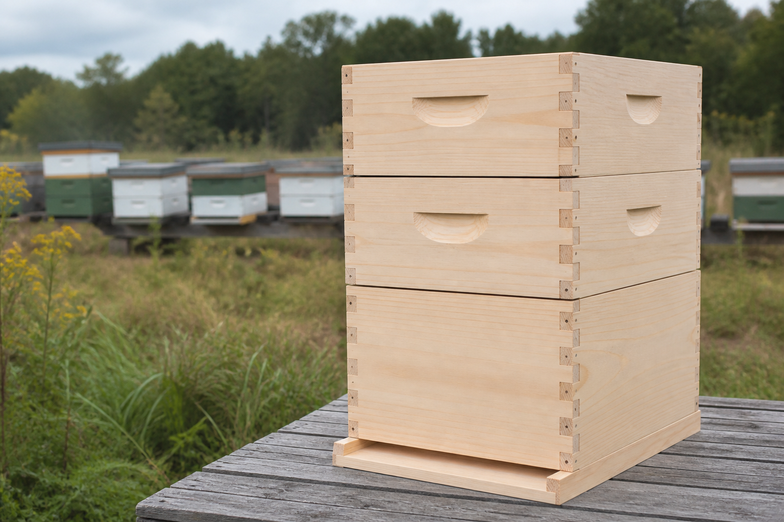 Representative stack of unbranded wooden Langstroth hive boxes