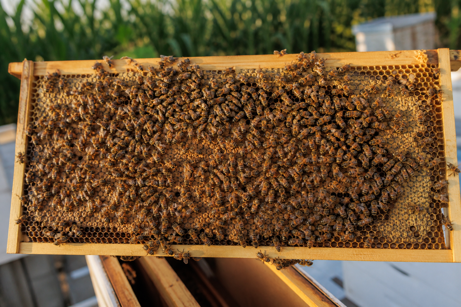 Representative close view of healthy worker honey bees on a brood frame